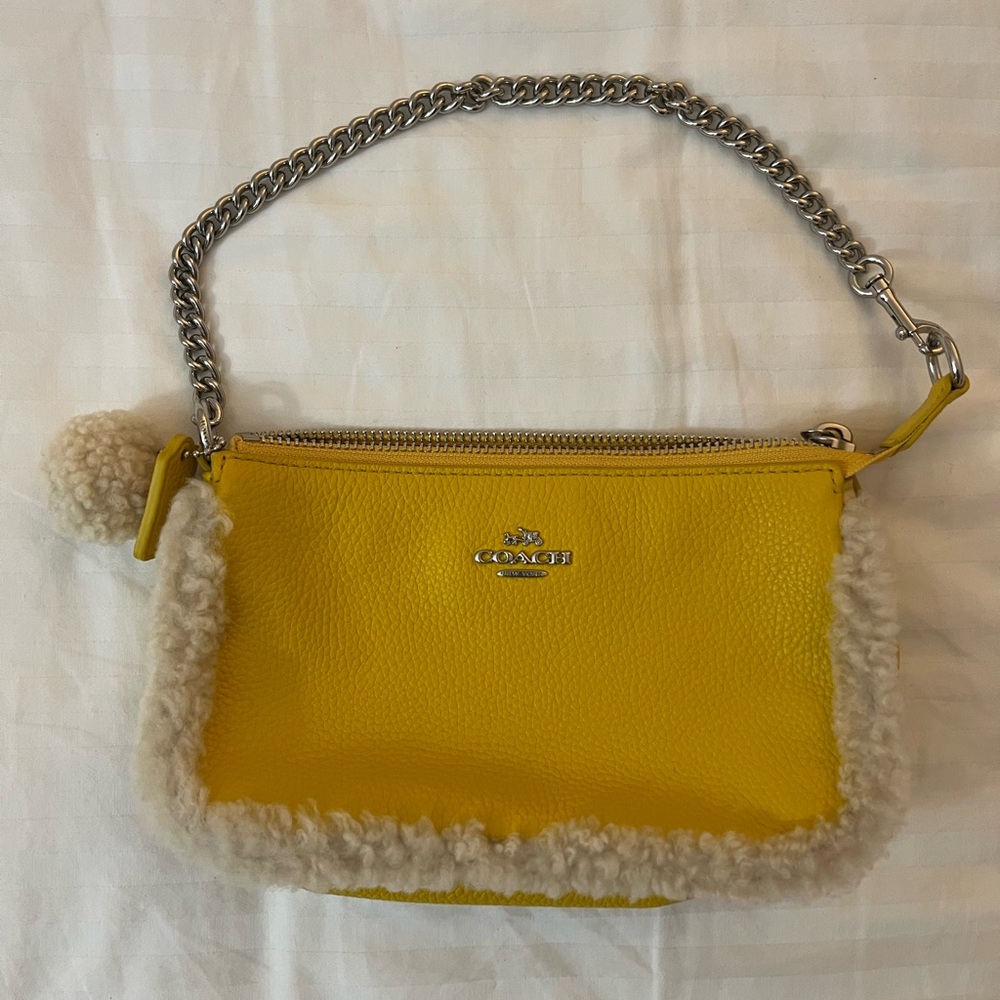 Coach Yellow Shearling Wristlet with Chain Strap
